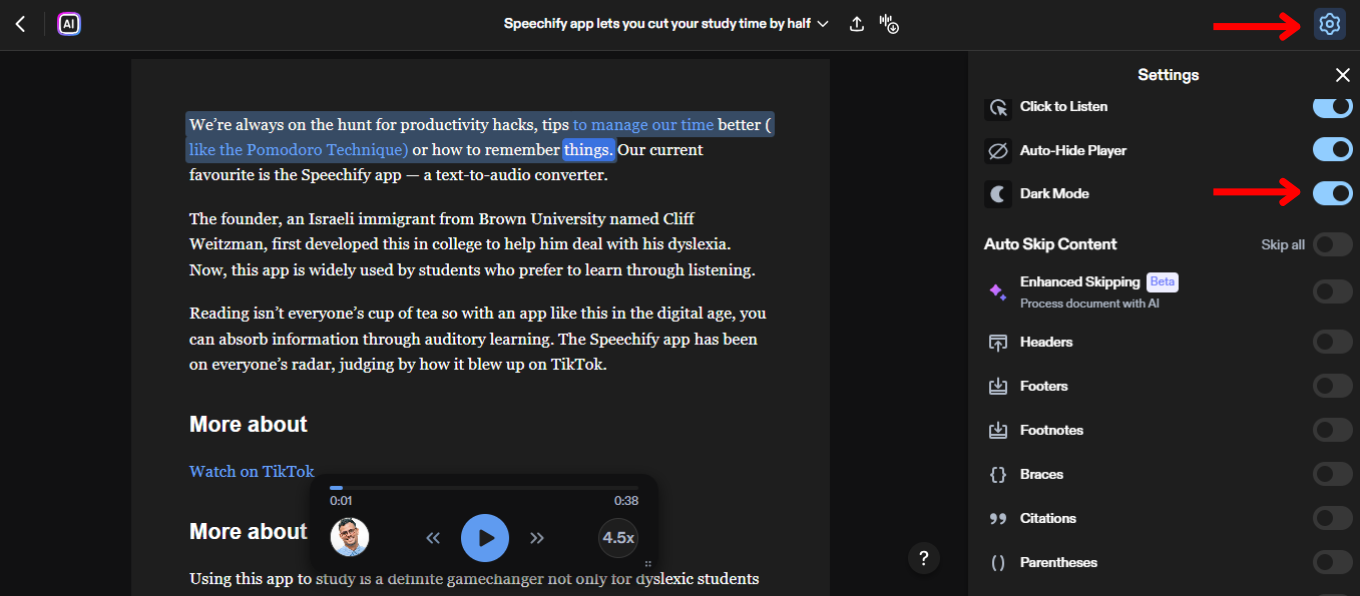 How to Enable Dark Mode on the Speechify Web App